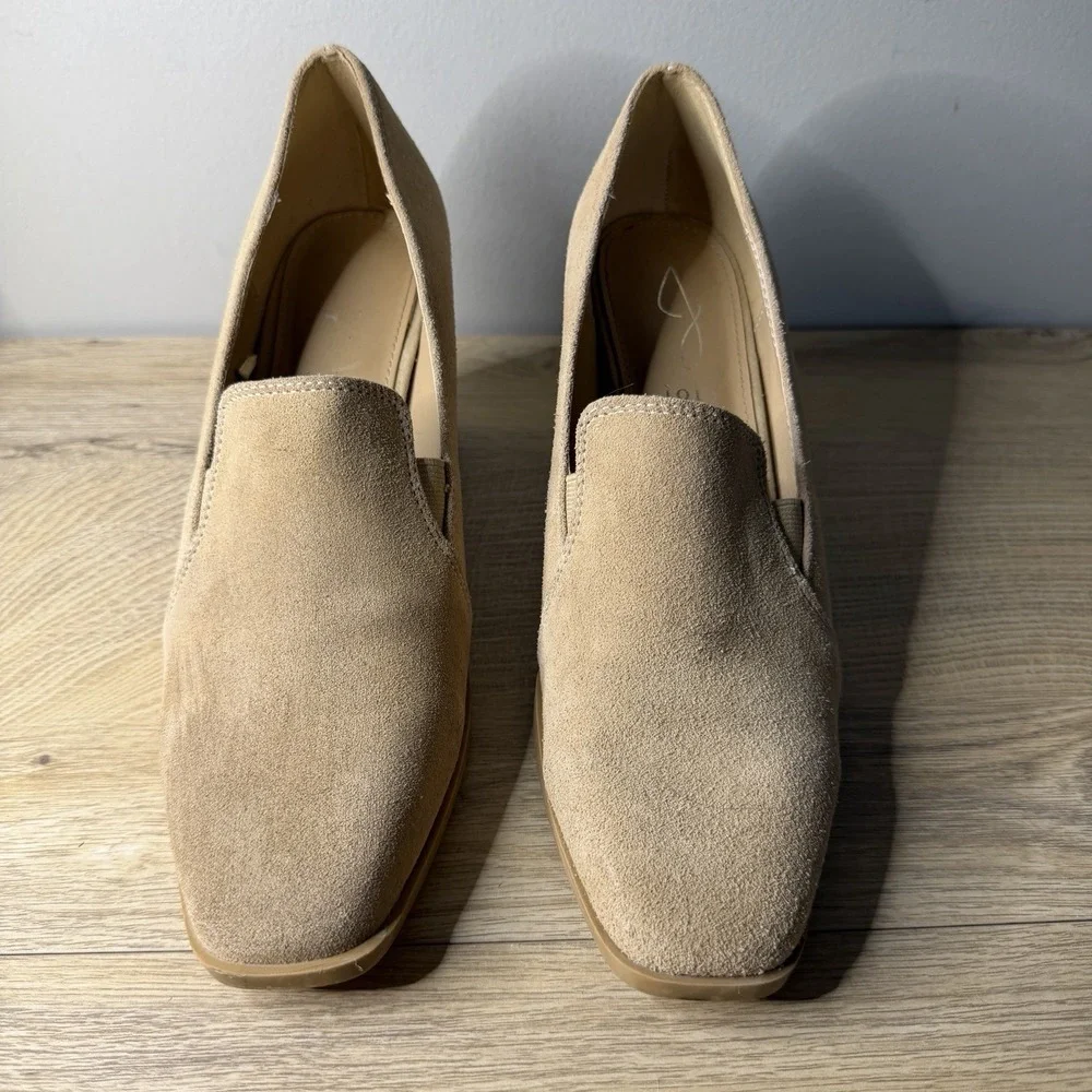 Joie Heeled Loafers Tan Suede Square Toe Block‎ Heel Slip On Mules 8.5 Career